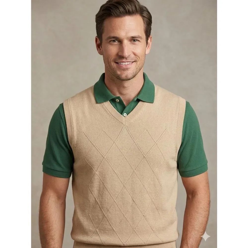 Alan Flusser Men's M Sweater Vest Tan Beige Diamond Argyle Knit Cotton V-Neck